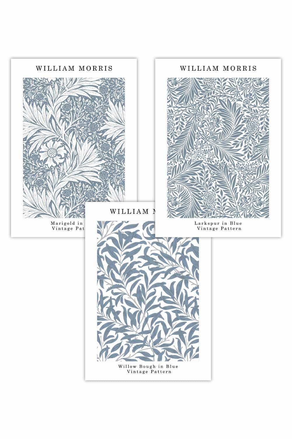 Set of 3 Blue William Morris Vintage Floral Art Posters